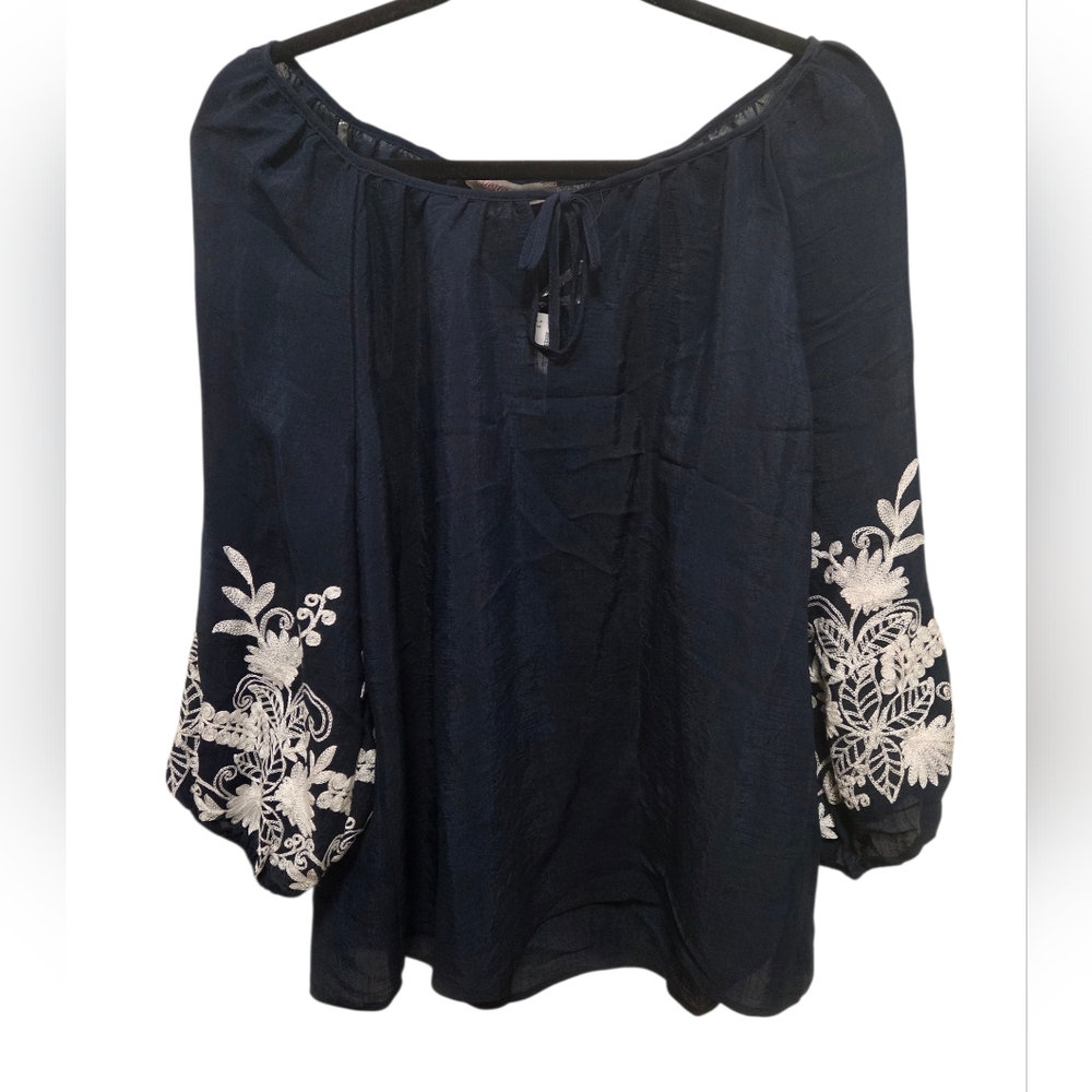 Navy Blue Boho Enbroideref Blouse